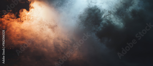 Moody smoke cloud dark fog orange light blue light dramatic background abstract texture misty atmosphere vapor swirl mysterious scene studio lighting Moody smoke cloud dark fog with orange light