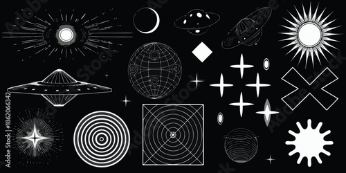 Abstract celestial shapes suns planets ufo s and cosmic elements in white