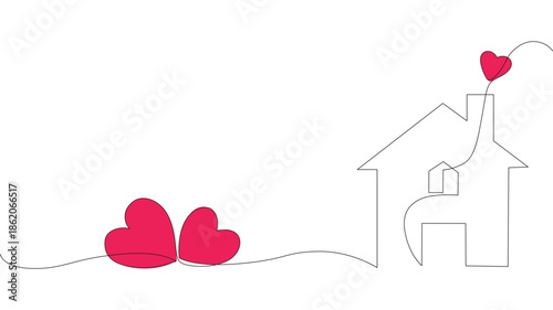 Home Sweet Home Continuous Line Icon, Minimalistic One Line Drawing of a House within Heart Shape Symbolizing Home Love.  Heart inside a house drawn with one continuous line. The concept of love. 