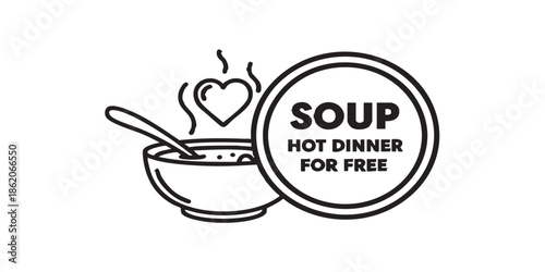 Hot soup plate with spoon and heart line icon, charity concept. Vector graphics. Soup, hot dinner for free sign on white background, style for mobile or design