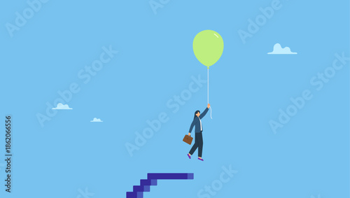 Success businesswoman flying with air balloon from top of ladder or stairway. Woman leadership to overcome struggle, female power to break boundary or limitation, freedom and opportunity.