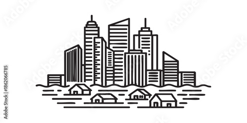 Big city water flood thin line icon, climate change concept. Vector graphics. Tall building and house at sea, ocean level sign on white background, style mobile or design black and white simple outlin