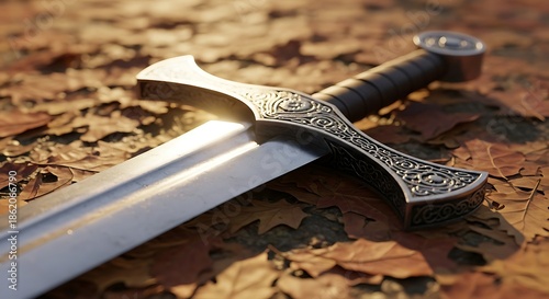 Close-up of an ornate medieval sword resting on fallen autumn leaves.