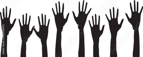 Silhouette of Multiple Raised Hands Against White Background arms open