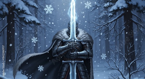 Epic Knight in Snowy Forest Holding Glowing Sword.