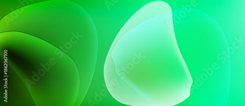 Abstract green shapes overlap, creating soft gradients. Minimalist design evokes calm, fluid motion. Light plays across surfaces.