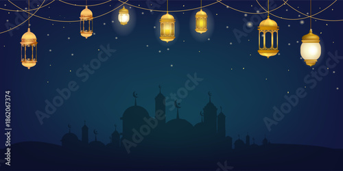 Ramadan Kareem, Islamic holy month with lantern, mosque, crescent moon and star greeting background. Poster, banner, template and social media design.