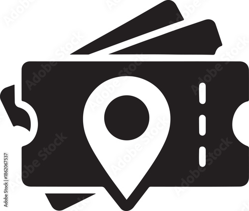 Travel tickets stacked with location pin cut symbolizing vacation booking and trip planning icon