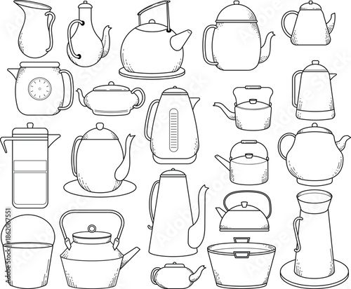 Kettle and bucket doodle line art illustration collections