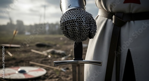 Knight in Chainmail Holding Sword on Battlefield.