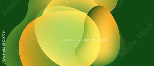 Abstract fluid shapes overlap, creating vibrant yellow, orange, green gradients. Modern design for backgrounds, presentations. Smooth transitions present dynamic visual effect.