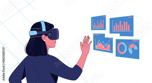 Woman exploring financial data in virtual reality for modern business analysis with headset