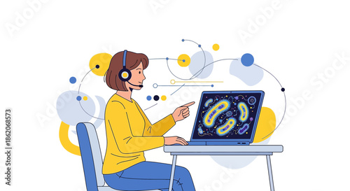 Woman in headset Explaining Microscopic Organisms Displayed on Laptop Screen During Online