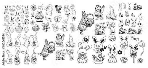 Lovely black and white Happy Easter set with different fluffy bunny, cute chick, ornate eggs with lines, check, swirl, stars, tulips. Easter egg hunt religious holiday collection with outline clipart 