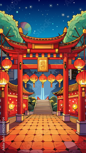 Vibrant chinese temple gate at night with lanterns and stars