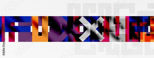 Abstract geometric composition. Bold colors blend, creating dynamic visual texture. Shapes intersect, forming complex patterns. Minimalist design.