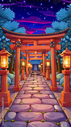 Serene japanese torii gate pathway under starry night sky