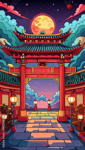 Beautiful chinese temple gate under the night sky