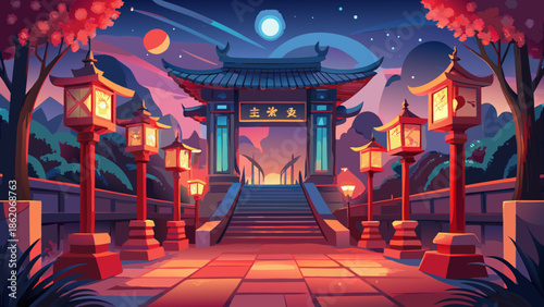 Mystical chinese temple entrance under night sky