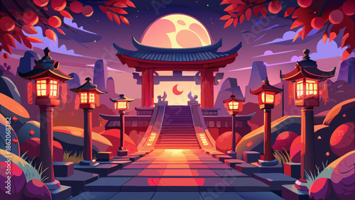 Serene asian temple entrance under full moon