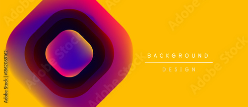 Abstract geometric design. Vibrant colors blend, creating dynamic visual impact. Yellow backdrop complements purple, magenta gradients.