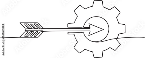 Single line drawing of arrow hitting target inside rotating gear mechanism concept