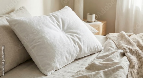 White Pillow Resting on Bedding in Bedroom, Cozy and Comfortable
