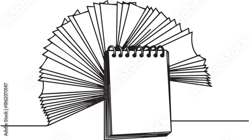 Continuous one line drawing of spiral bound notebook surrounded by fanned stack of papers illustrating organized documentation and education concept