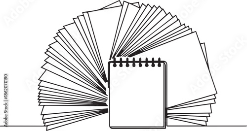 Outline vector illustration of spiral bound notepad centered among numerous fanned sheets of paper symbolizing extensive research and organizational tasks