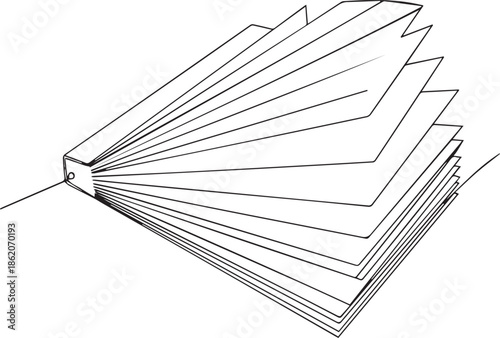 Outline vector illustration showing perspective view of binder file folder opening to reveal numerous fanned documents symbolizing extensive paperwork organization