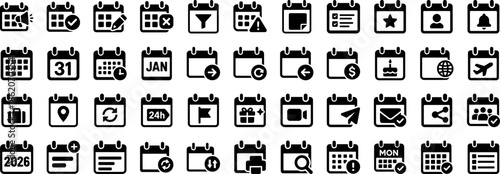 All-in-One Glyph Calendar & Schedule Icon Pack for Apps and UI: Events, Reminders, Tasks, Deadlines, Meetings, Travel, Time, Notifications