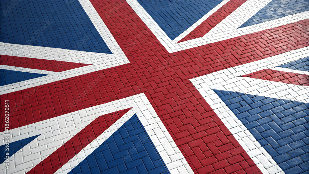 Fototapeta premium Union Jack flag design on brick pavement in London UK
