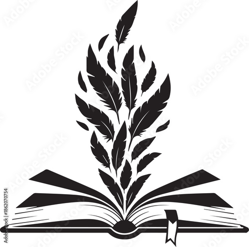 Open book with flying feather quills vector silhouette symbolizes writing literature poetry and creative education