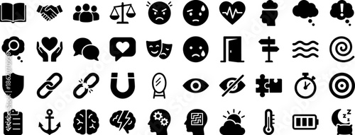 Universal Glyph Pictogram Icon Pack for UI, Web and Apps Featuring Emotions, Psychology, Communication, Security, Navigation, Health, Weather and Tools