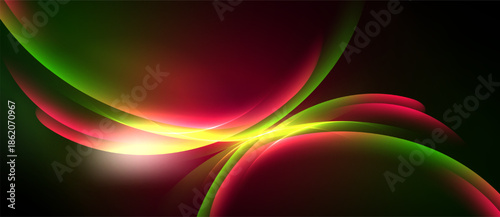 Abstract vibrant curves blend, creating dynamic visual impact. Red, green, yellow hues dominate dark background. Smooth gradients define shapes.