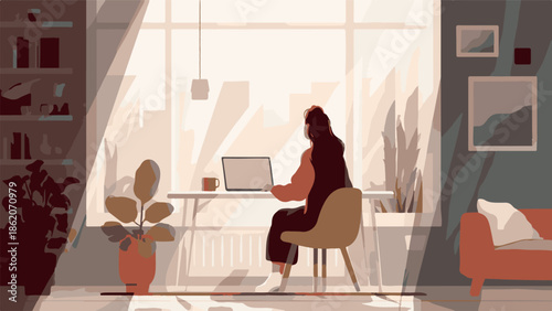 Woman working on laptop in a serene home office environment with natural light