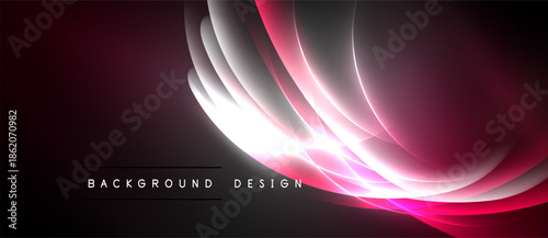 Abstract design features flowing lines, vibrant pinks, whites against dark backdrop. Modern, dynamic visual presentation.
