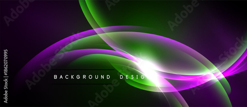 Abstract waves, vibrant purple, green hues. Dynamic light effects create modern background design. Smooth gradients, elegant composition.