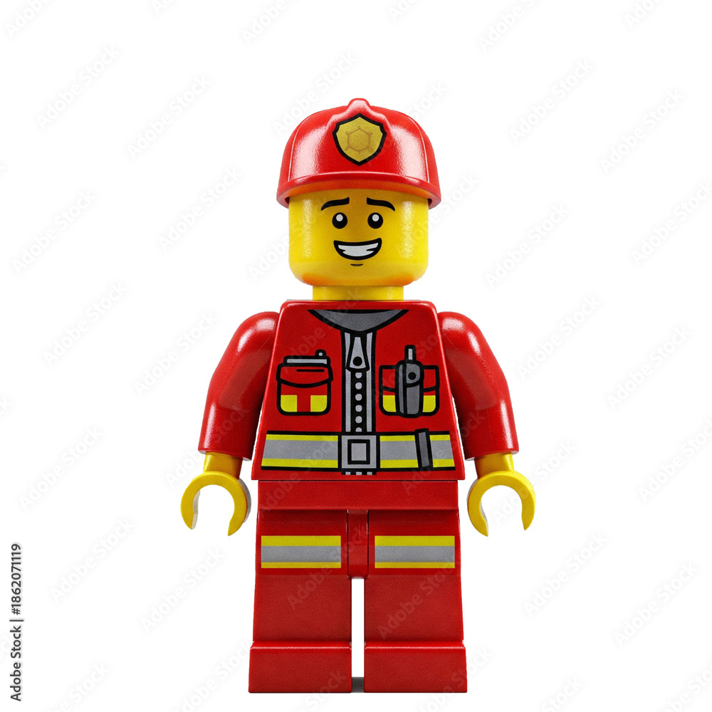 Obraz premium Lego Firefighter Minifigure in Red Uniform Isolated on White Background