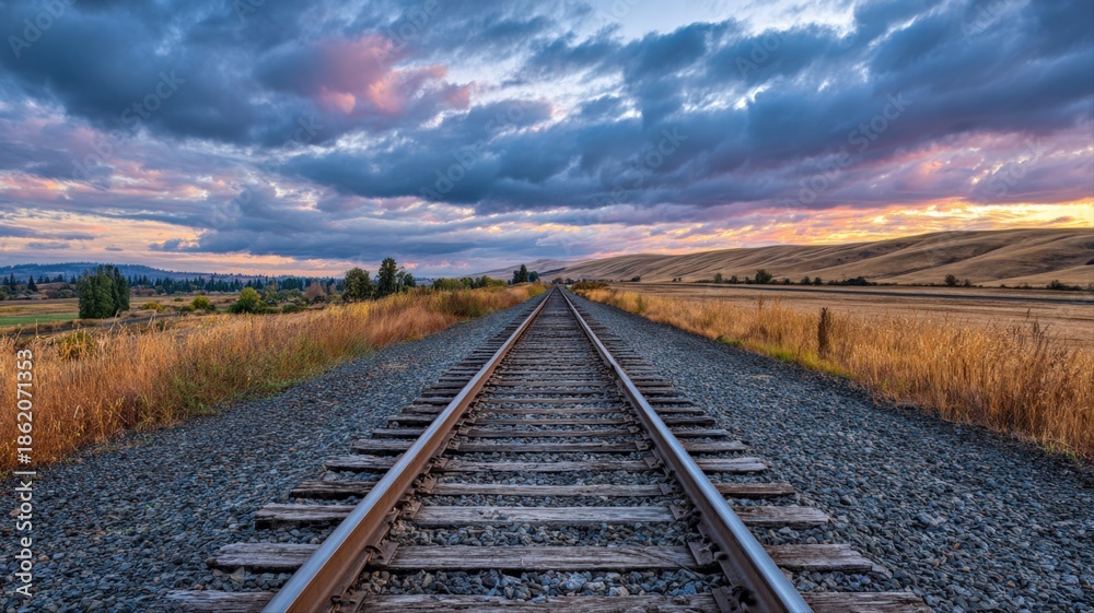 Fototapeta premium Scenic Railroad Tracks Stretching into the Horizon Under a Dramatic Sky at Sunset