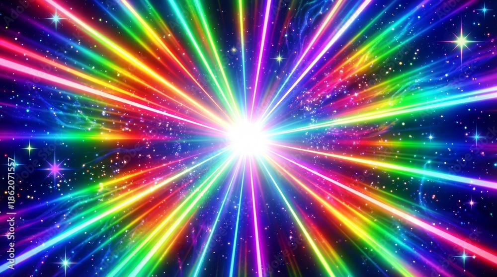 Fototapeta premium Vibrant Rainbow Radial Light Beams Explosion. Abstract Warp Speed Tunnel or Hyperspace Effect with Glittering Cosmic Particles Background.