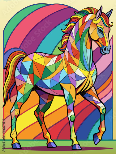 Horse real, full body , Stained Glass Style , rainbow color