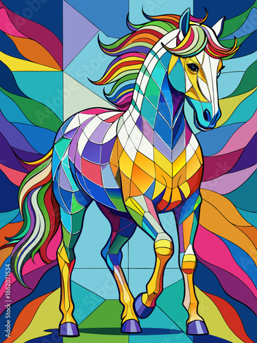 Horse real, full body , Stained Glass Style , rainbow color