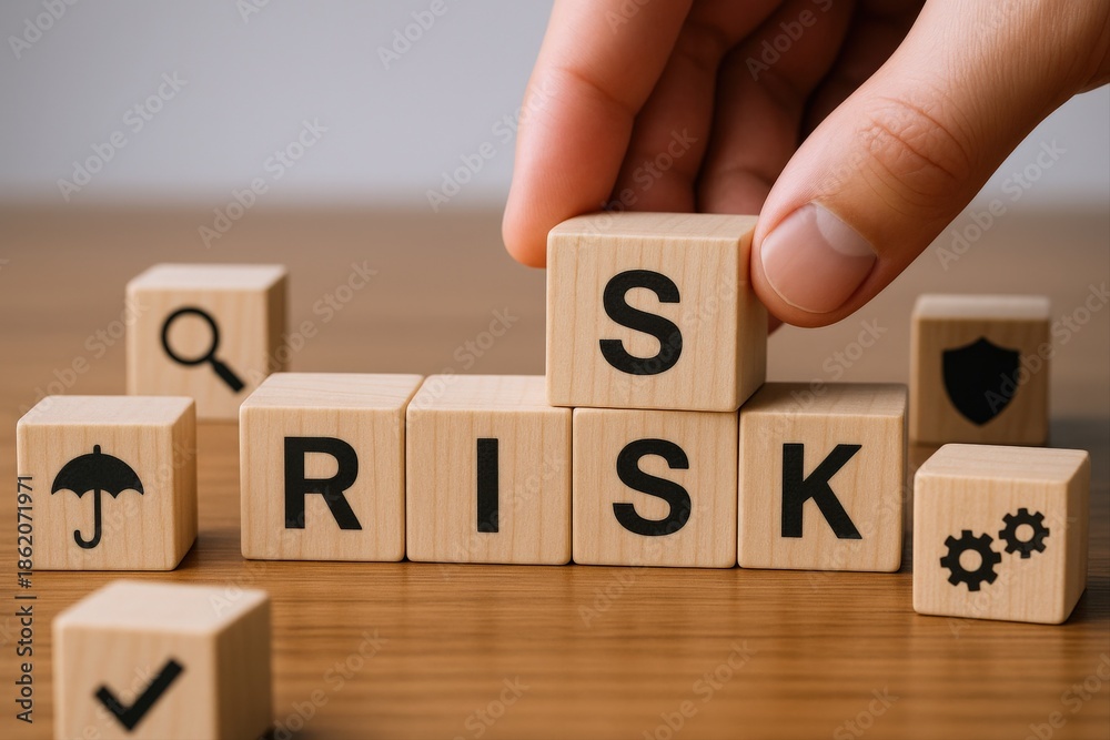 Naklejka premium Hand Completing Risk Word with Wooden Blocks Depicting Business Protection and Strategy Elements