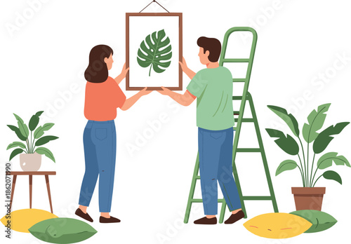 Young, couple, hanging, picture, frame, on, wall, during, home, renovation, moving, into, new, apartment, together, decorating, interior, with, plants, illustration.