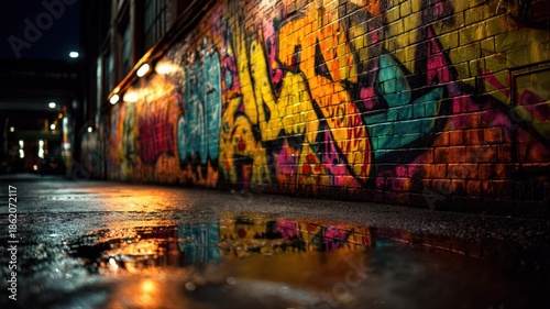 Urban Alleyway Mural with Vibrant Graffiti Art Reflecting on Wet Pavement at Night