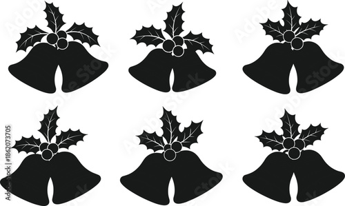 Christmas bells silhouette, holiday jingle bell icons, festive holly decoration vector, winter celebration artwork, seasonal ornament design elements