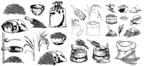 Rice set, bag, wooden bowl, spatula, spoon, handful of rice, wooden bowl. Grains in sack and scoop vector set