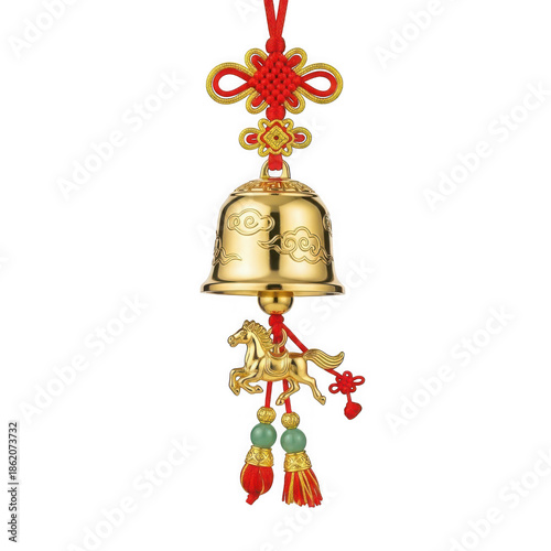 Golden wind chime with red tassels and horse decoration hanging against a white background symbolizing good luck and prosperity in chinese culture