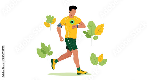Active lifestyle illustration featuring a runner using wearable technology in nature
